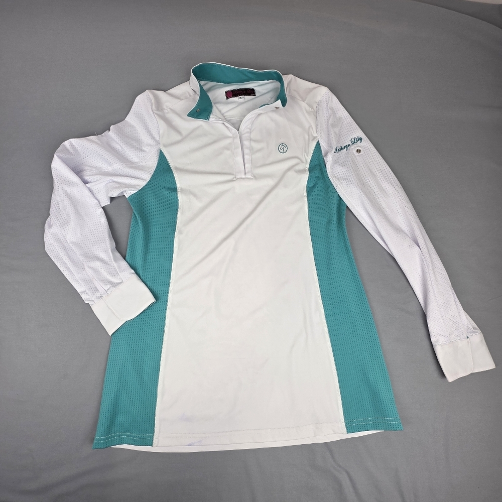 Kathryn Lily Tech English Show Shirt White Green Long Sleeve Snap Collar XL